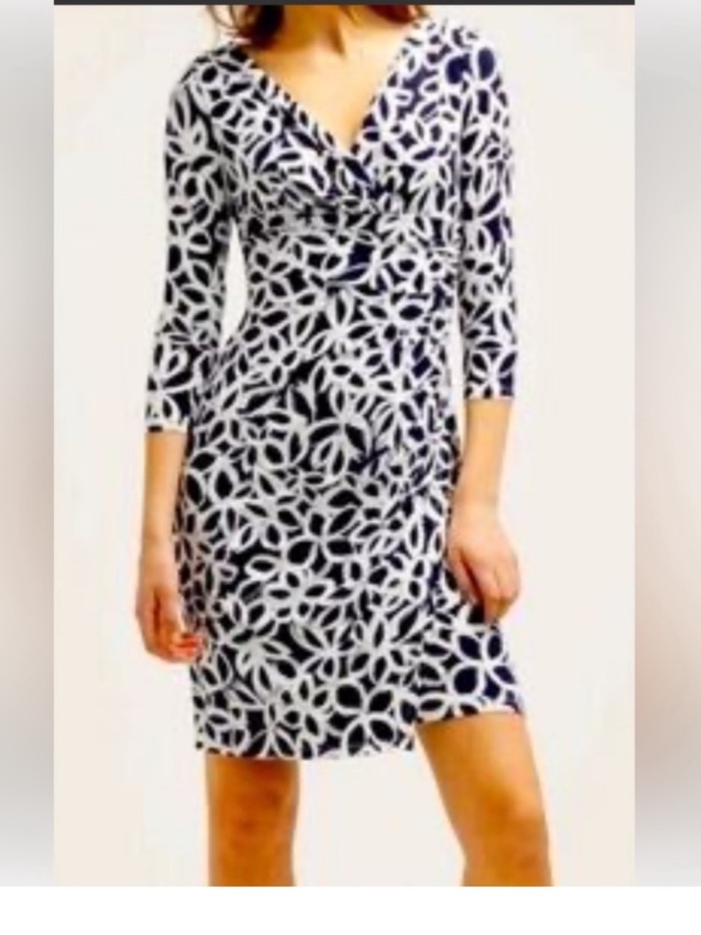 Ralph Lauren Navy and White Twist-Front Midi Dress